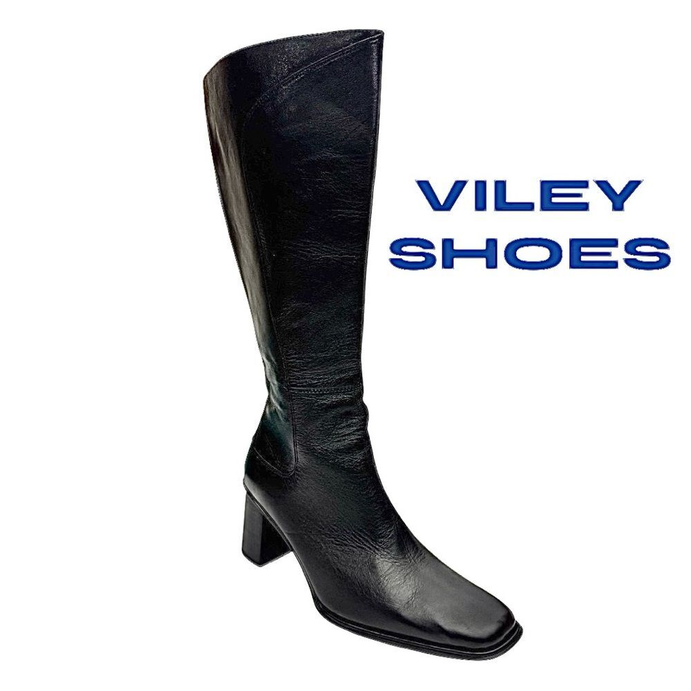 VILEY Women’s Italian Leather Black Dress Boots Side Zip Block Heel Size 6M